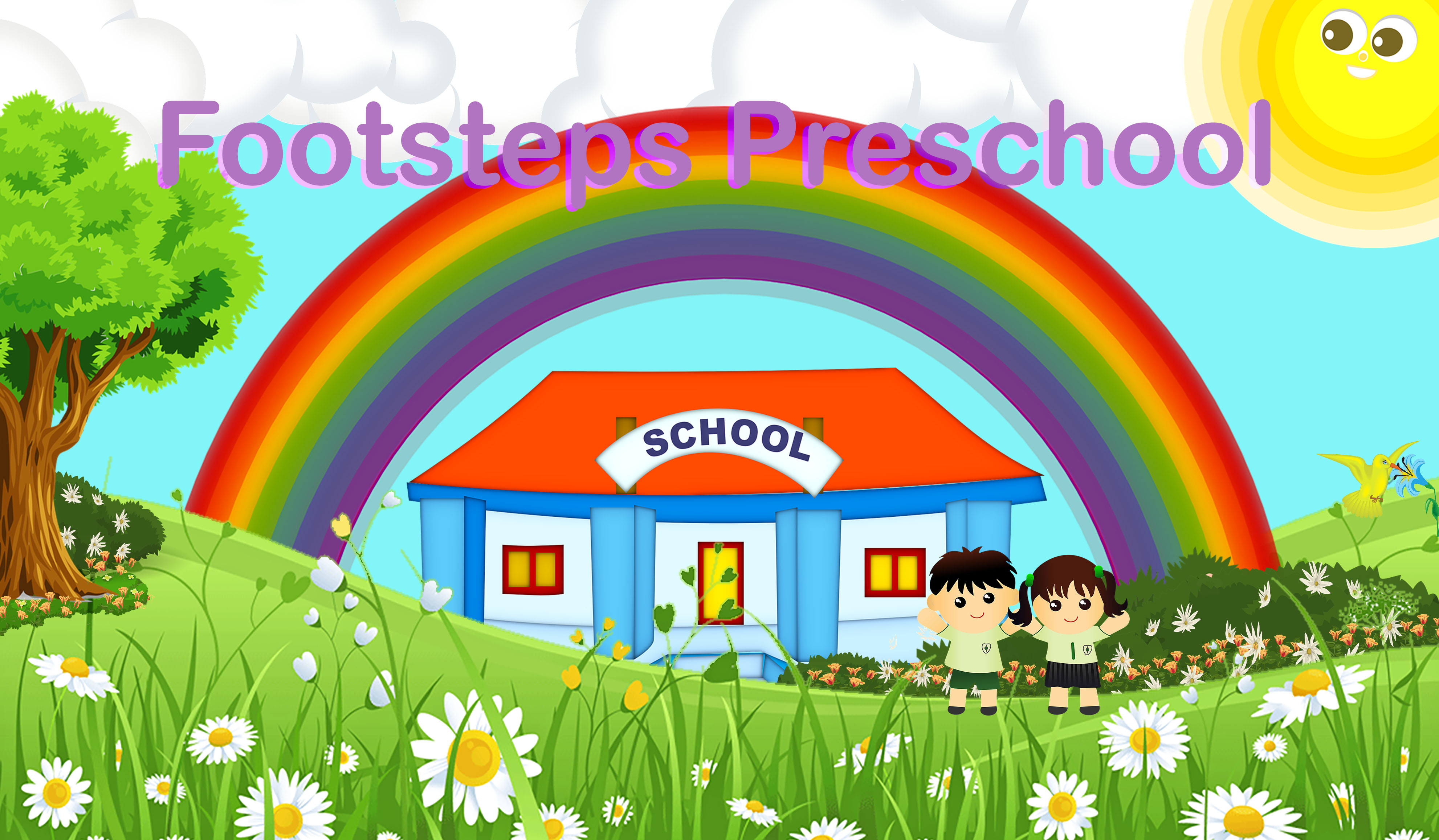 Preschool, Rainbow over School, Flowers, Green Fields